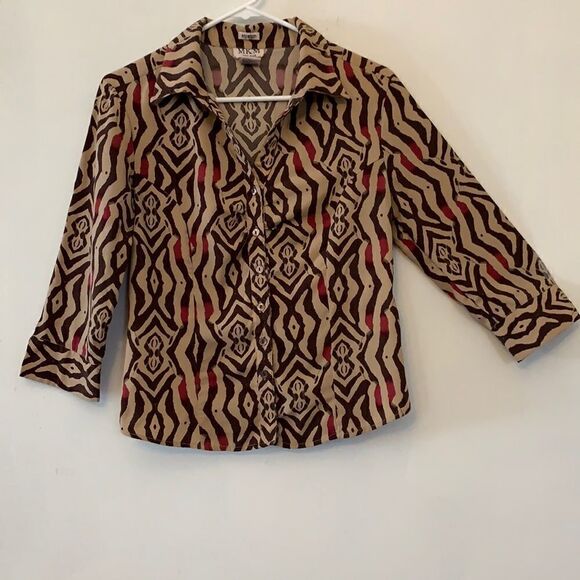 MKM Designs Tops - MKM Designs long sleeve tribal print blouse. Collar. V neck. Size S Length 22”